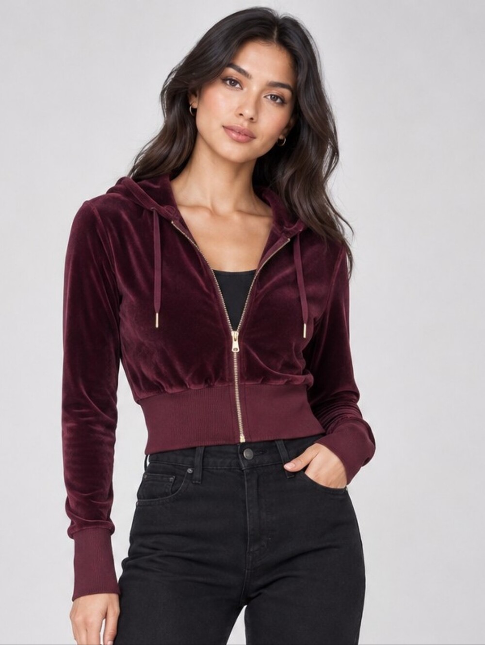 Good American Burgundy Velour Cropped Zip Hoodie Size 2 Made in USA